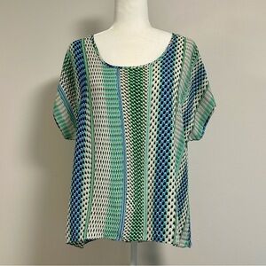 Alfani Abstract Blue & Green Short Sleeve Blouse | Size 10